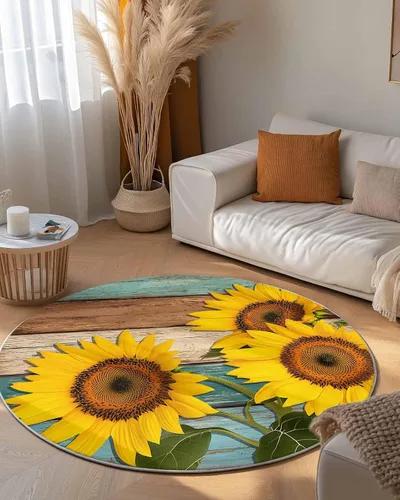 Miniatura 4 de Alfombra redonda de girasol verde azulado de 3 pies, lavable para interiores y exteriores, para dormitorio, cocina, baño, sala de estar, casa