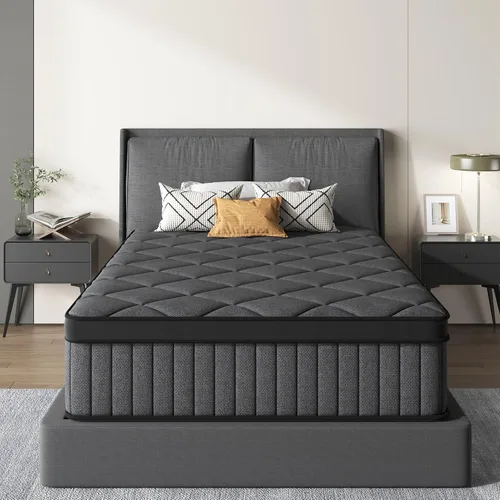 Miniatura 13 de Colchón negro matrimonial, colchón híbrido de 10 pulgadas tamaño matrimonial, firmeza media con espuma viscoelástica y resortes en bolsillo, funda