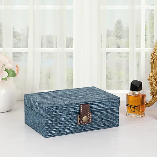 Miniatura 2 de Hipiwe Joyero de cofre del tesoro, caja decorativa de madera con cierre, caja de recuerdos cubierta de lino, caja de recuerdos rectangular