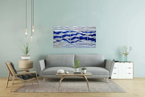 Miniatura 5 de SYGALLERIER Arte de pared abstracto de metal costero, hecho a mano, gran 3D, azul y plateado, ilustraciones modernas de olas de mar, escultura