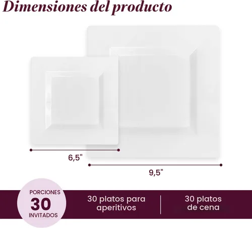 Miniatura 3 de Aya's - Platos desechables cuadrados de plástico de 60 quilates, color blanco, 9.5 pulgadas, 30 platos de cena y 30 platos de ensalada de 6.5