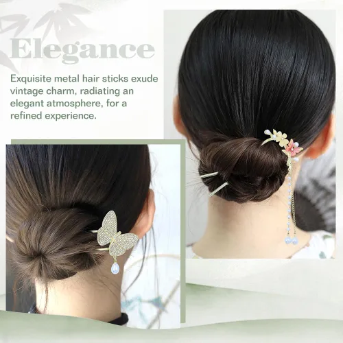 Miniatura 6 de Lawie Paquete de 10 horquillas de metal dorado en forma de U, con forma de mariposa, palillos curvados para palos de pelo con colgantes, horquillas