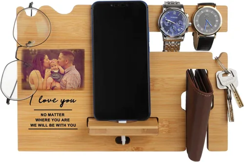 Miniatura 2 de Regalos para hombres – Estación de acoplamiento de madera personalizada – Organizador de mesita de noche grabado con soporte para teléfono, soporte