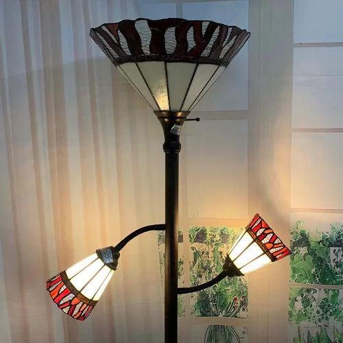 Miniatura 7 de Bieye L10838 Lámpara de pie Tiffany estilo flamenca con vitral y luces laterales para lectura, 177.8 cm de alto (Llama, Rojo)