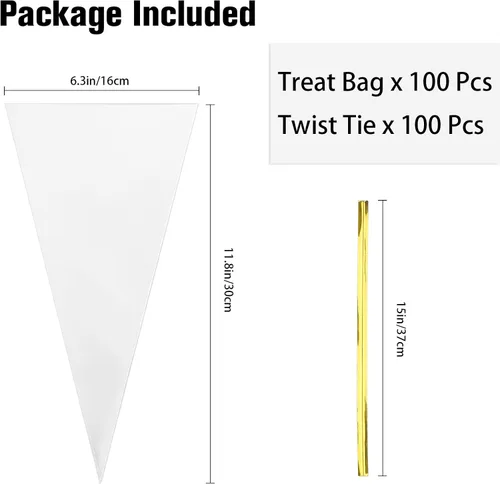 Miniatura 2 de 100 bolsas de golosinas en forma de cono – 11.8 x 6.3 pulgadas, triángulo con lazos, plástico transparente para palomitas de maíz, galletas, dulces