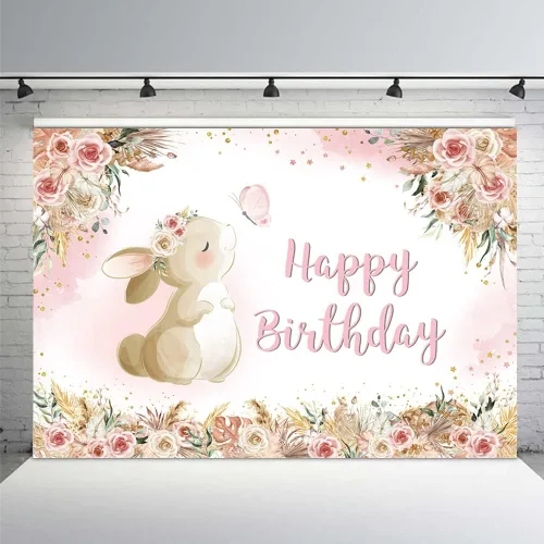 MEHOFOND Fondo floral de cumpleaños para niñas, acuarela, bohemio, flores, conejo, día de Pascua, fotografía de fondo, pancarta de feliz cumpleaños,