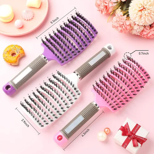 Miniatura 7 de Patelai 3 cepillos curvados de cerdas de jabalí ventiladas, cepillo de pelo desenredante de secado rápido, para cabello húmedo, largo y rizado, 3