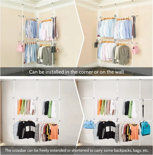 Miniatura 4 de Estante doble para ropa, estantes ajustables para colgar ropa, ropa de 2 niveles, ropa resistente, sistema independiente de armario blanco