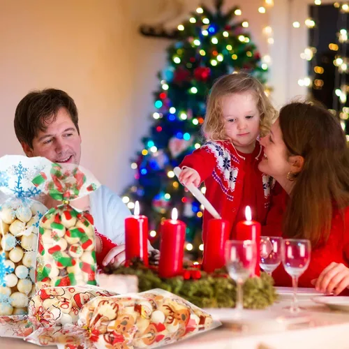 Miniatura 7 de Blulu 180 bolsas de fiesta de Navidad, bolsas de plástico de celofán de Papá Noel con 200 lazos dorados y plateados para vacaciones, fiestas