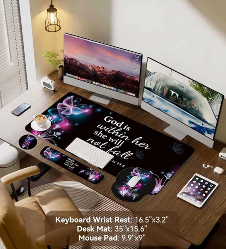 Miniatura 2 de Juego de alfombrillas de escritorio + teclado y alfombrilla para mouse con soporte para reposamuñecas, alfombrilla grande 4 en 1 para computadora