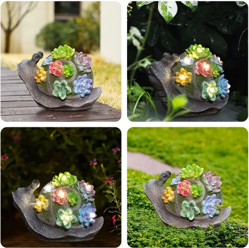 Miniatura 5 de pearlstar Estatuas de jardín, estatua solar de caracoles, decoración de jardín, bonitas figuras de caracoles de resina con 7 luces solares LED