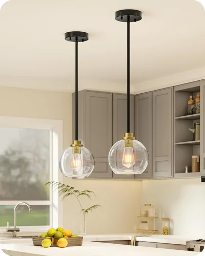 Miniatura 10 de EDISHINE Luces Colgantes para Isla de Cocina, Moderna Lámpara Colgante Dorada con Pantalla de Globo de Vidrio Transparente, Varilla de Metal Dorado