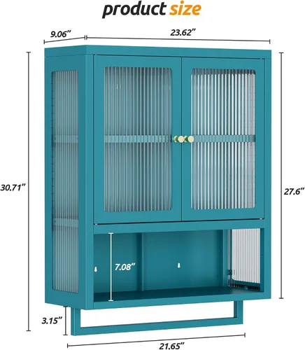 Miniatura 3 de Armario de pared de baño con 2 puertas de vidrio, botiquín de baño con barra de toallas y estantes, gabinete de almacenamiento sobre el inodoro