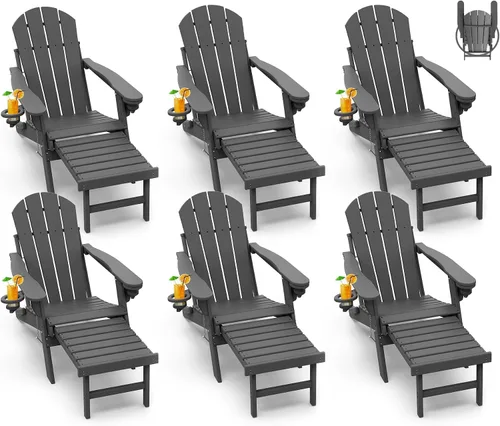Miniatura 16 de GREENVINES Sillas Adirondack con Otomano Juego de 2 Grano de Madera Plegable Reposapiés Retráctil Plástico HDPE Silla para Hoguera Todo