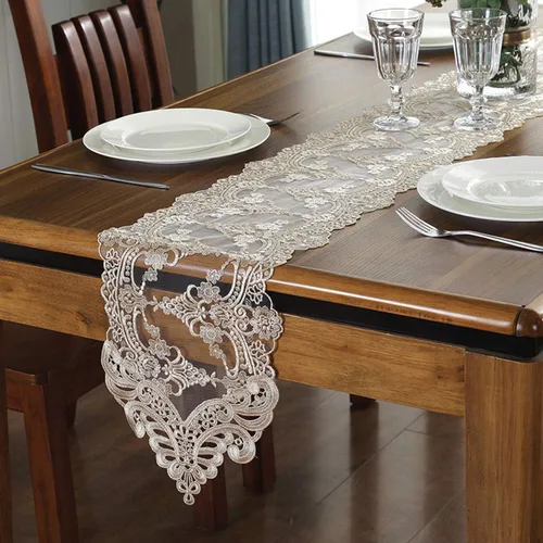Camino de mesa de encaje y bufanda de tocador bordada con flores color champán, camino de mesa de 10 x 28 pulgadas, decoración de mesa de comedor
