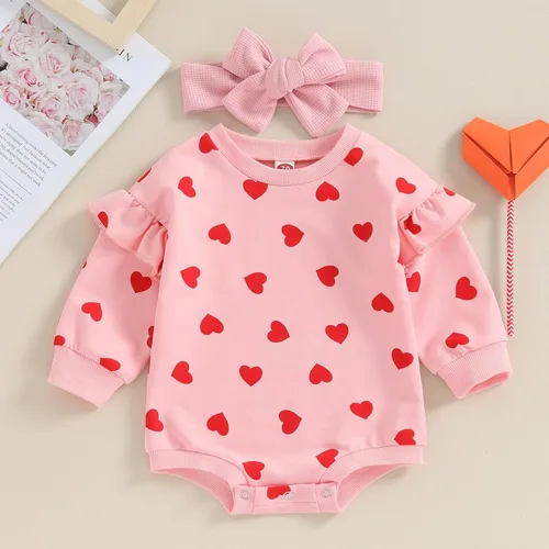 Miniatura 106 de SOLILOQUY Traje de manga larga con cuello redondo para el primer día de San Valentín para bebé niño y niña, mameluco de corazón de amor