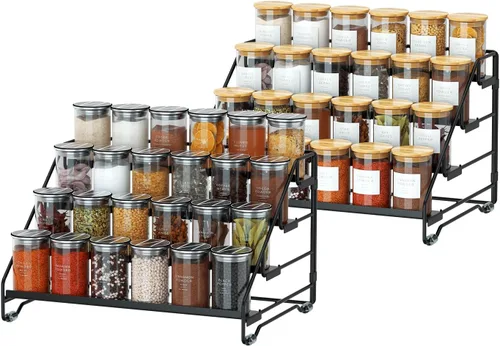 Jolitac Organizador de especias de 4 niveles, estante ajustable de profundidad, estante de especias de metal, perfecto para almacenamiento de