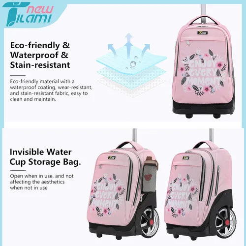 Miniatura 7 de NEW TILAMI Mochila con ruedas de 19 pulgadas con bolsa de almuerzo para niñas y niños, mochila para laptop con ruedas, bolsa de mano duradera