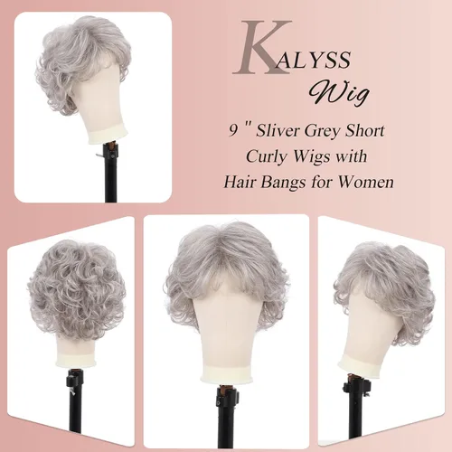 Miniatura 6 de Kalyss Peluca Corta Rizada Ondulada de 10" con Flequillo de Cabello Sintético Premium Resistente al Calor Pelucas Cortas con Aspecto de los Años 70