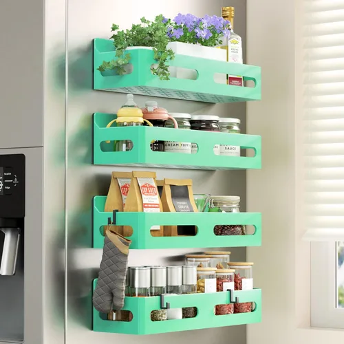 Miniatura 14 de Sevenblue Paquete de 4 estantes magnéticos para especias para refrigerador, organizador de estantes para especias, estante magnético móvil Blanco
