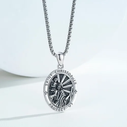 Miniatura 586 de Collar con colgante de plata de ley 925 con medalla de San Patrón, joyería religiosa para hombres y mujeres, con cadena de acero inoxidable 316L