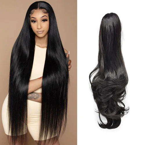 Miniatura 33 de Natural Mujeres Onduladas Chic Garra Pinza Pinza Cola de Caballo Coqueto Capa Extensión de Pelo 14" Rizado Fibra de Alta Temperatura Extensión de 1#