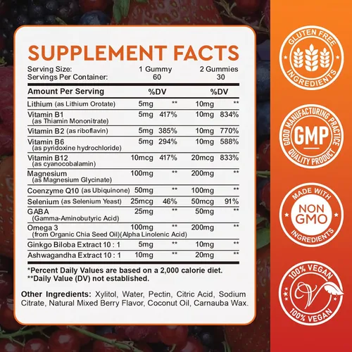 Miniatura 8 de Orotate de litio 5mg 10mg Gummies Suplementos de litio con vitamina B, magnesio y selenio para apoyo del estado de ánimo, alivio del estrés, salud