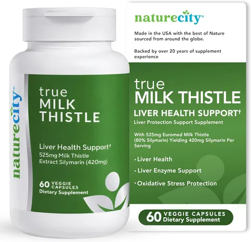 NatureCity TrueMilkThistle | Suplemento de cardo mariano de 525 mg | Cardo mariano (80% de silimarina) que contiene 420 mg de silimarina | Apoyo