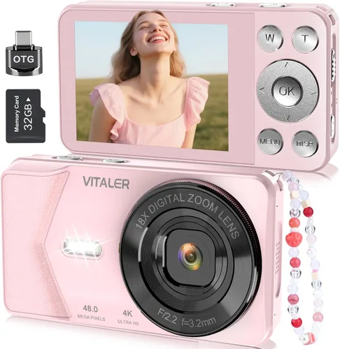 Cámara digital, cámara de enfoque automático de 48 MP, cámara 4K para fotografía con tarjeta de 32 GB, cámara digital compacta portátil de punto y