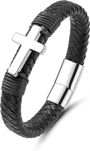 Miniatura 11 de Pulsera de cuero para hombre con cruz trenzada de varias capas con cierre de acero inoxidable, regalos religiosos cristianos para él