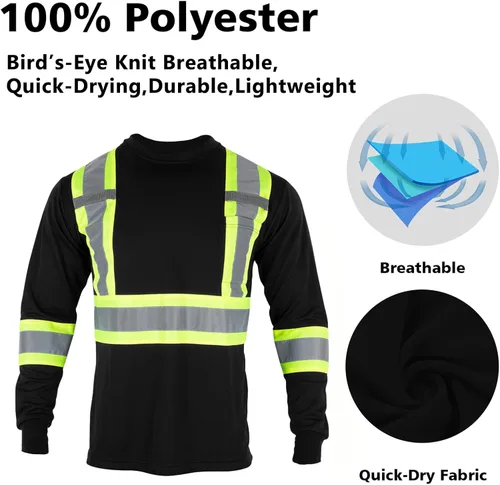 Miniatura 4 de VENDACE Camiseta de trabajo de seguridad de alta visibilidad para hombre, ANSI Clase 2, camisa de manga larga reflectante con bolsillo (negro, 2XL)