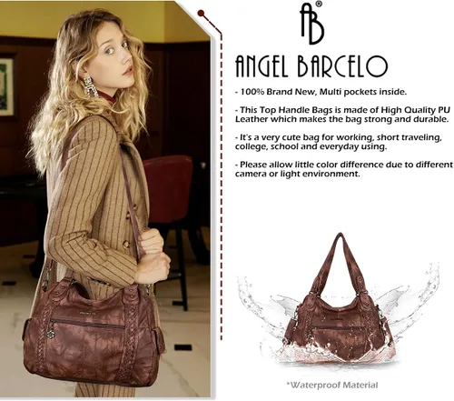 Miniatura 240 de Angel Barcelo - Bolsa de hombro amplia para mujer, diseño Hobo, cuero lavado