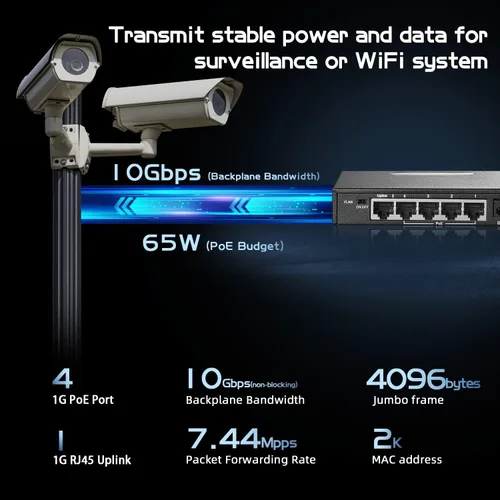 Miniatura 4 de Binardat Conmutador POE Gigabit de 5 puertos, 4 puertos 1000Mbps IEEE802.3af/at, 1 Uplink, Fuente de alimentación de 65W, Mini caja de metal