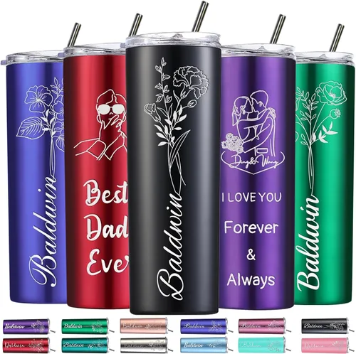 Regalos personalizados para mujer, vaso personalizado grabado con flor de nacimiento de 20 onzas, vaso delgado con nombre personalizado con tapas y