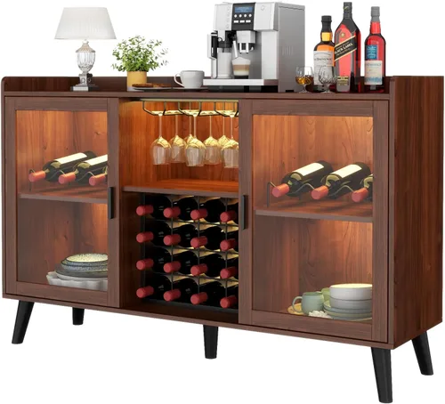 Miniatura 11 de Auromie Gabinete de bar de vinos con luz LED, gabinete de café para el hogar con estante para vino y vidrio, aparador de cocina con estantes