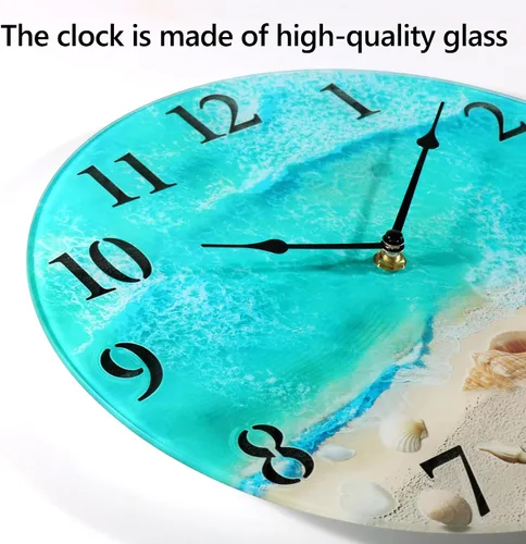 Miniatura 4 de Reloj de pared de cristal náutico costero con diseño de concha marina y tema estético de playa, funciona con pilas, decoración de pared silenciosa