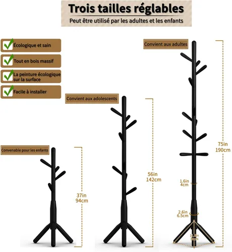 Miniatura 6 de Perchero de madera maciza, perchero independiente en forma de árbol con 11 ganchos, poste principal de 1.6 pulgadas de diámetro para ropa, soporte