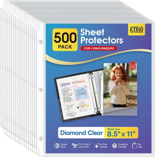KTRIO - Protectores de hojas transparentes de 8.5 x 11 pulgadas para carpetas de 3 anillos; protectores de plástico con abertura en la parte