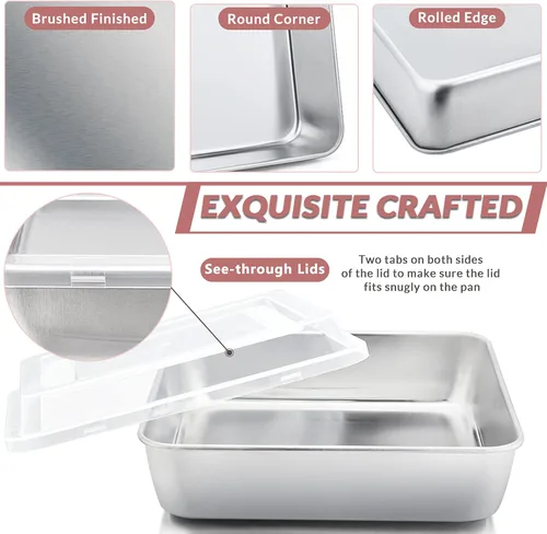 Miniatura 3 de E-far Bandeja para hornear de 9 x 9 pulgadas con tapa, moldes cuadrados de acero inoxidable para hornear, no tóxicos y saludables, fáciles