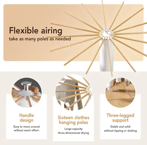 Miniatura 5 de Trípode plegable para secado de ropa, madera de haya y soporte de lavandería portátil, colgador plegable que ahorra espacio con 16 brazos
