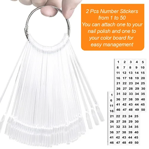 Miniatura 2 de 50 barras de muestra de uñas con anillo y puntas numeradas, pantalla transparente en forma de abanico para práctica de esmalte de uñas