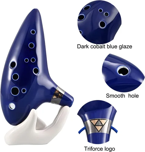 Miniatura 3 de Ocarina Piccolo de cerámica Alto C de 12 agujeros, regalo de instrumento musical para adultos principiantes con soporte de exhibición, libro de Azul