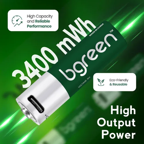 Miniatura 2 de bgreen Baterías AA recargables USB-C, paquete de 4, 3400 mWh, alto rendimiento, cable de carga 4 en 1 incluido, carga rápida de 1 hora