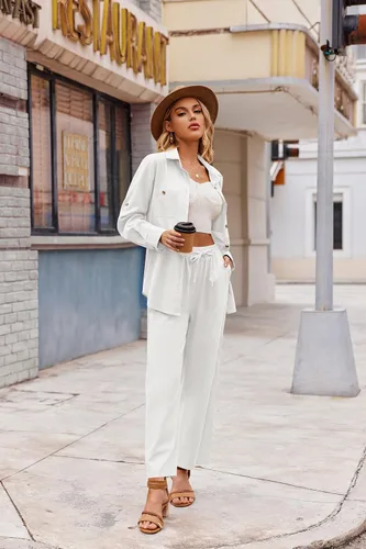 Miniatura 3 de Zeagoo Conjunto de 2 piezas de lino para mujer, camisa con botones y pantalones largos con cordón, conjuntos de verano