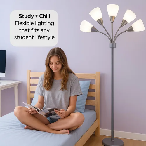 Miniatura 7 de LIGHTACCENTS Lámpara de pie Medusa de 5 luces para dormitorio – Lámpara de pie con múltiples cabezas y 5 pantallas de acrílico blanco, lámpara araña