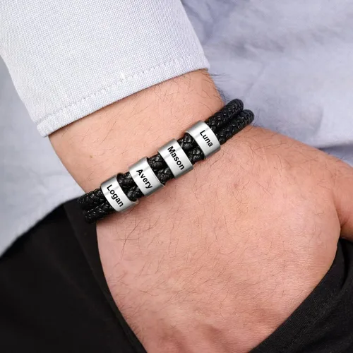 Miniatura 2 de Pulsera trenzada negra personalizada para hombre, pulsera personalizada con 1-8 cuentas personalizadas, nombres de la familia, joyería para hombres