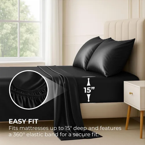 Miniatura 3 de Pure Bedding Sábanas de satén matrimoniales [4 piezas, negras] Juego de sábanas de lujo sedosas de hotel – Juego de sábanas de microfibra extra Negro