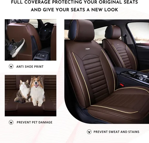 Miniatura 3 de otoez Juego completo de fundas de asiento de automóvil, fundas de asiento de piel sintética de 5 asientos para automóviles, impermeables, Marrón