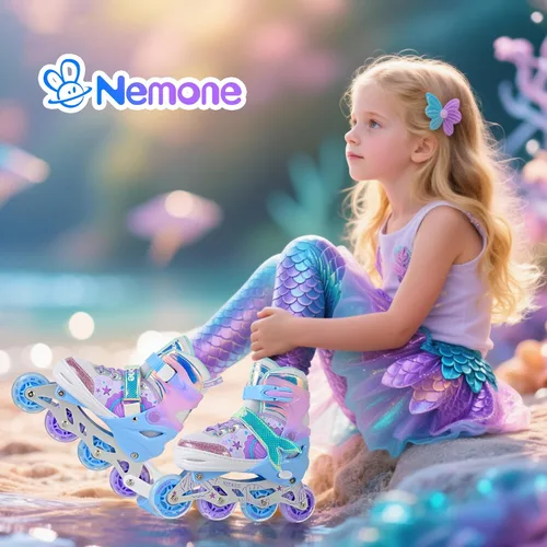 Miniatura 6 de NEMONE Patines en línea estilo sirena, patines ajustables en 4 tallas para niñas y niños con ruedas iluminadas, para principiantes, uso en A- Sirena