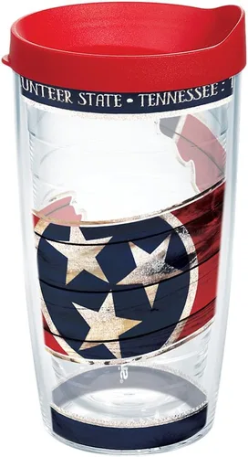 Tervis Vaso de contorno de la bandera del estado de Tennessee con envoltura y tapa roja, 16 onzas, transparente